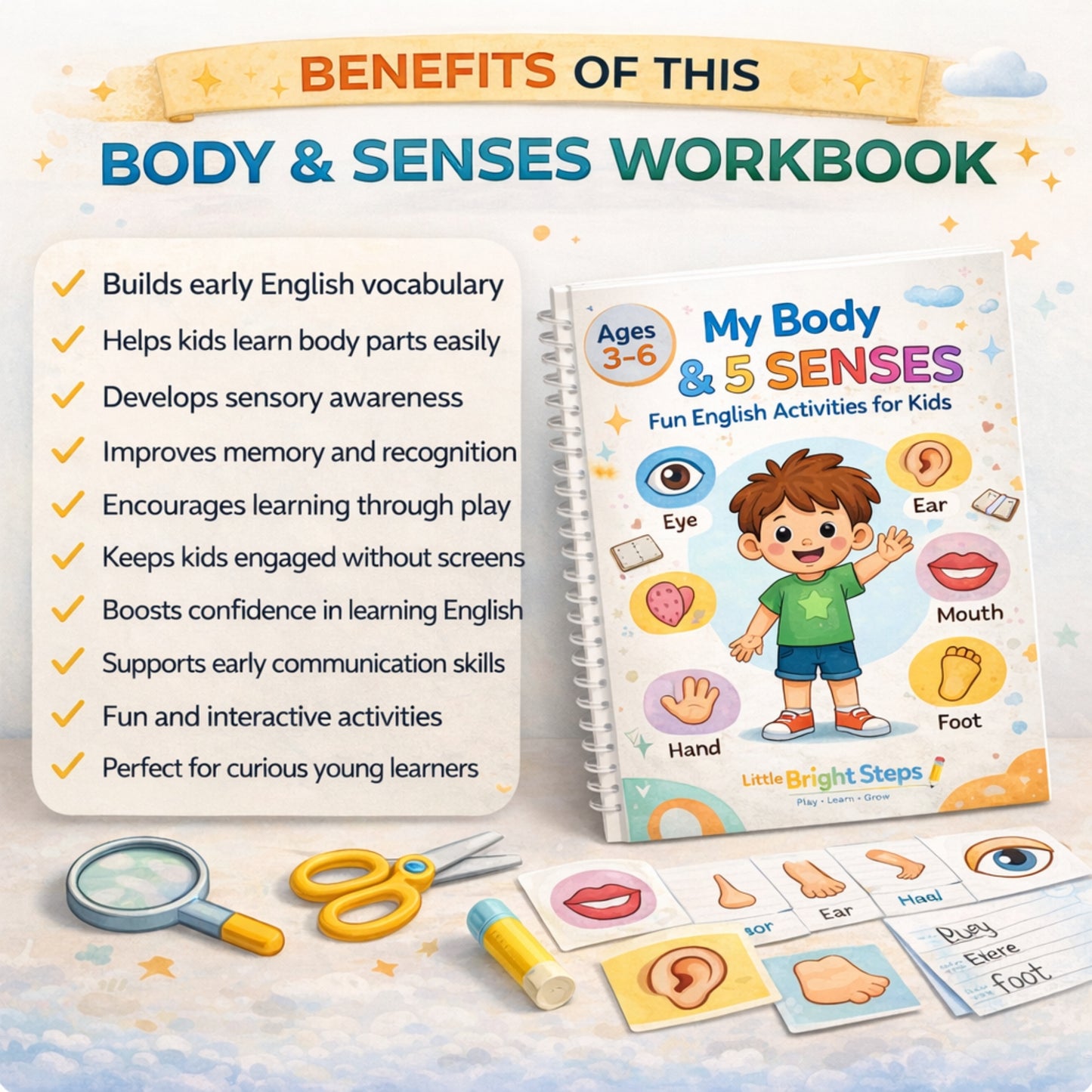 My First Body Parts & 5 Senses Workbook for Kids (Ages 3–6) – Fun Printable Learning Activities