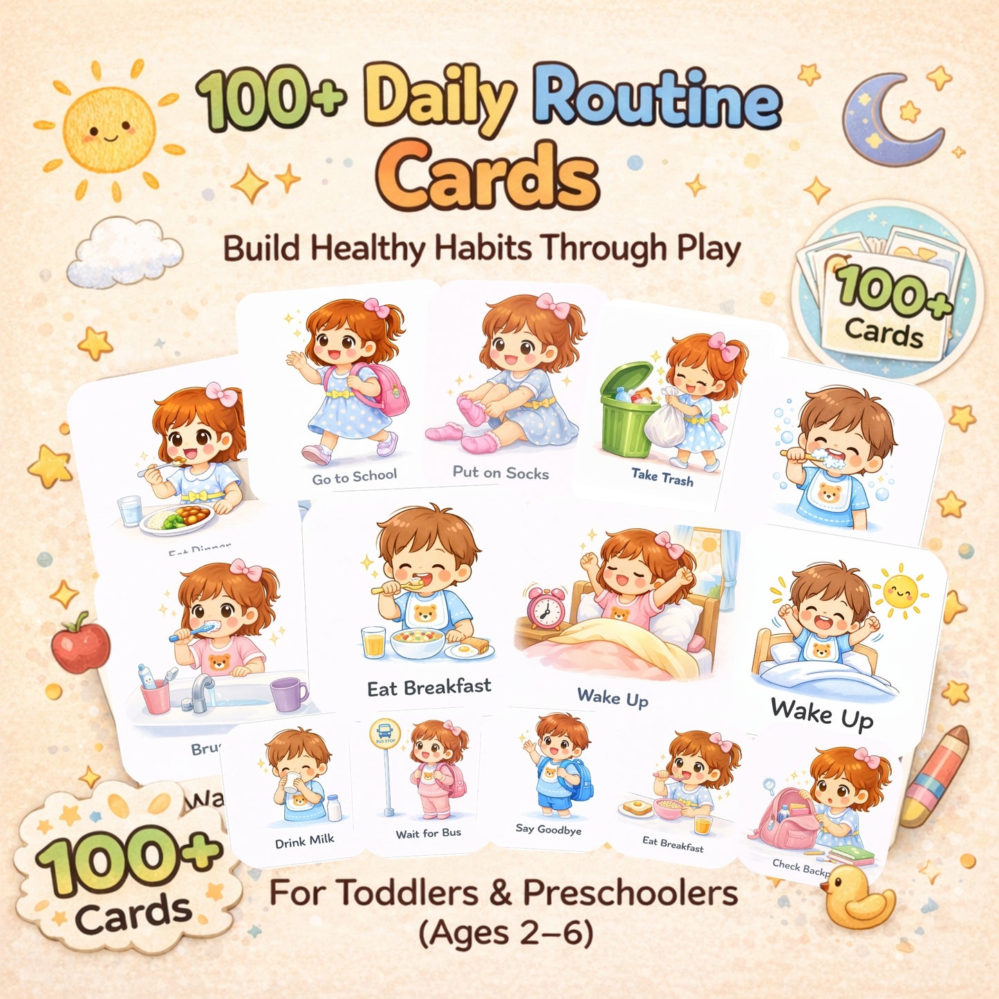Kids Daily Routine Cards (100+ Printable) – Montessori Visual Schedule for Toddlers & Preschoolers (Ages 2-6)