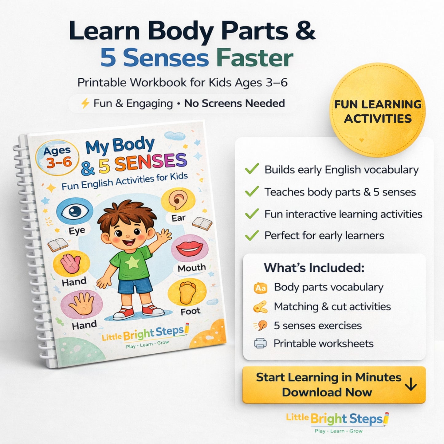 My First Body Parts & 5 Senses Workbook for Kids (Ages 3–6) – Fun Printable Learning Activities
