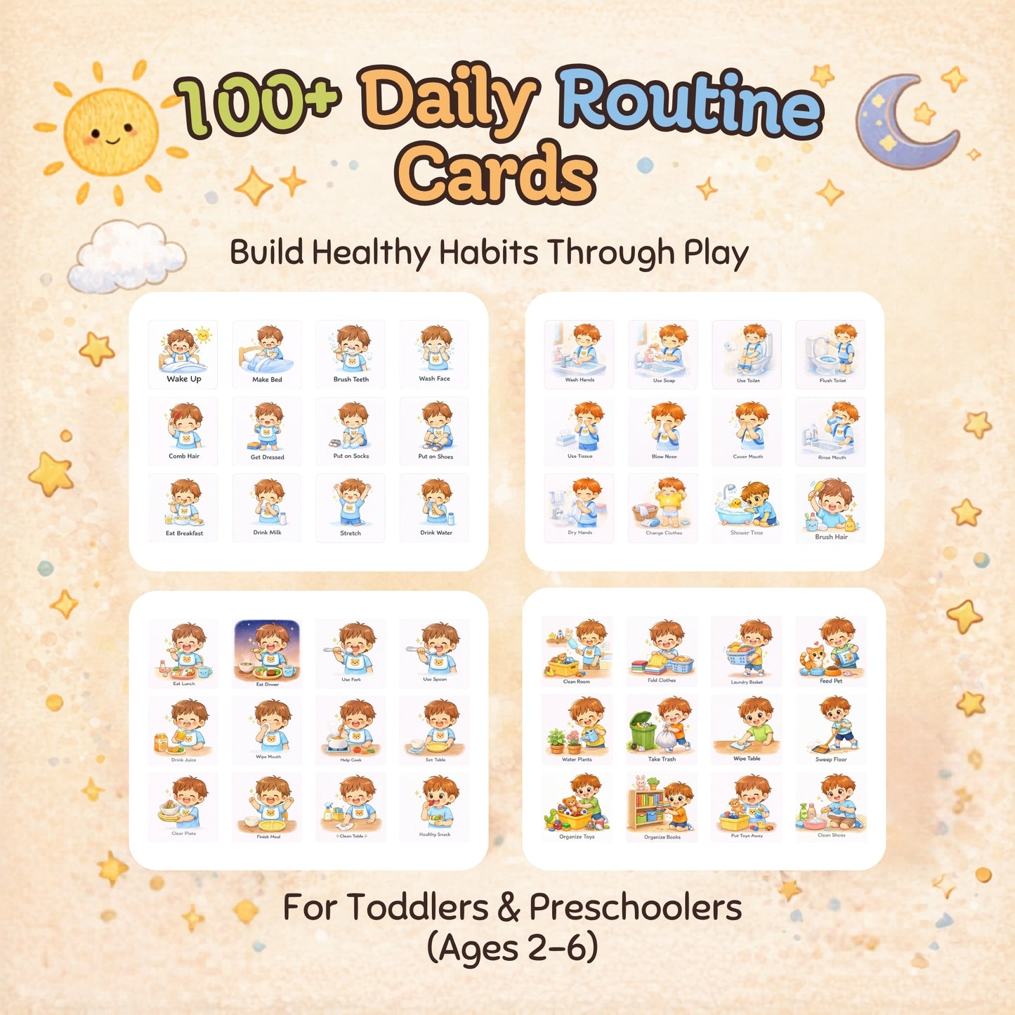 Kids Daily Routine Cards (100+ Printable) – Montessori Visual Schedule for Toddlers & Preschoolers (Ages 2-6)