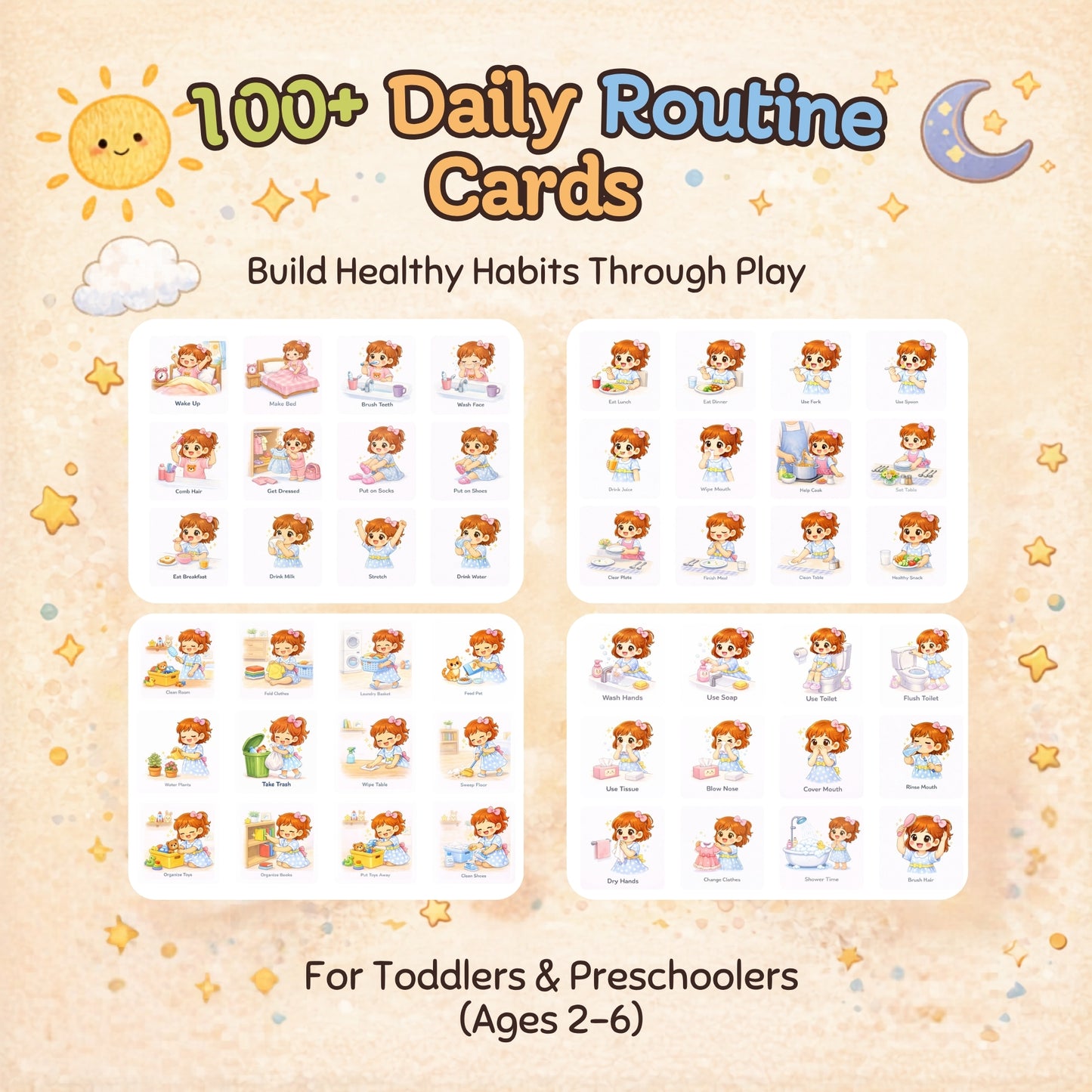 Kids Daily Routine Cards (100+ Printable) – Montessori Visual Schedule for Toddlers & Preschoolers (Ages 2-6)