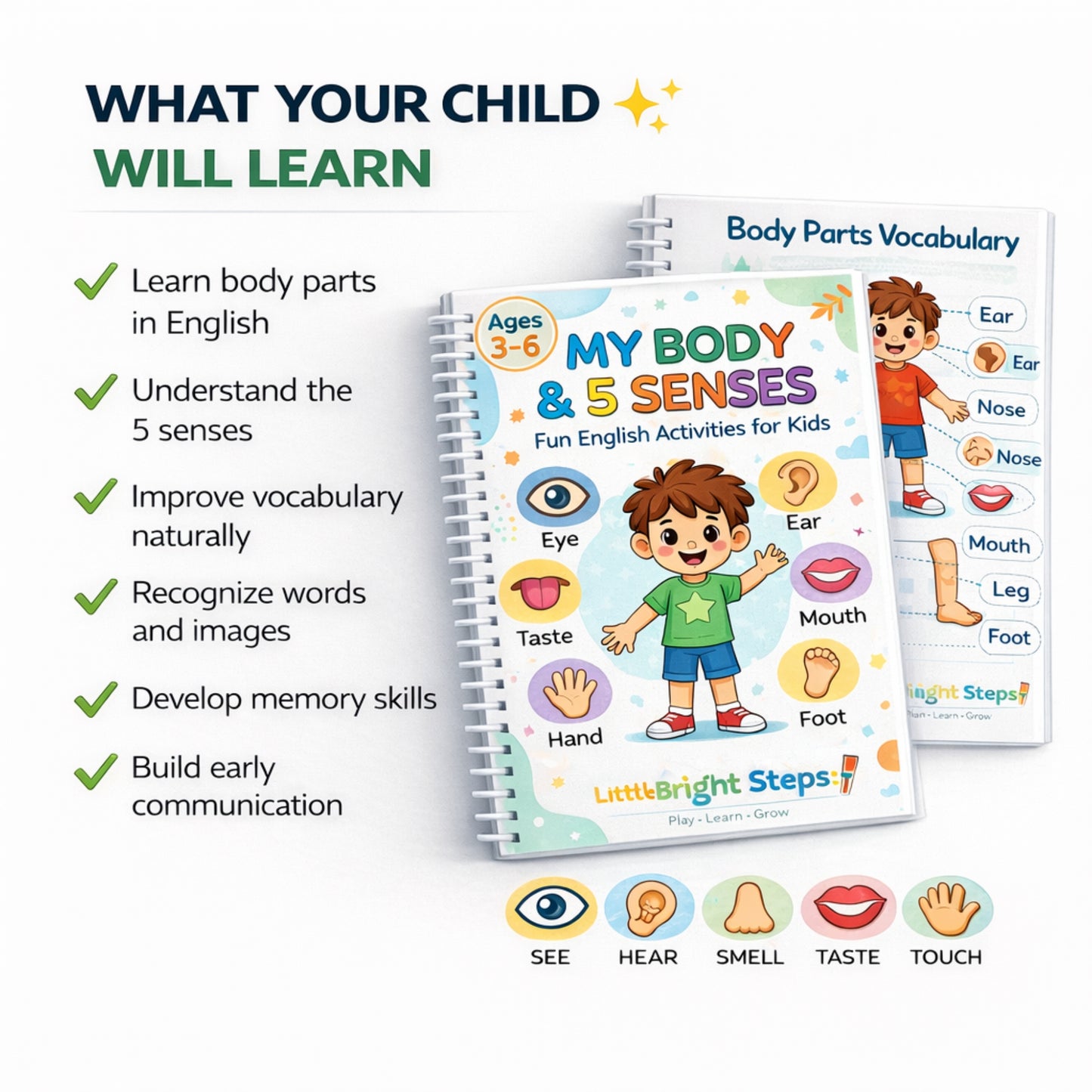 My First Body Parts & 5 Senses Workbook for Kids (Ages 3–6) – Fun Printable Learning Activities