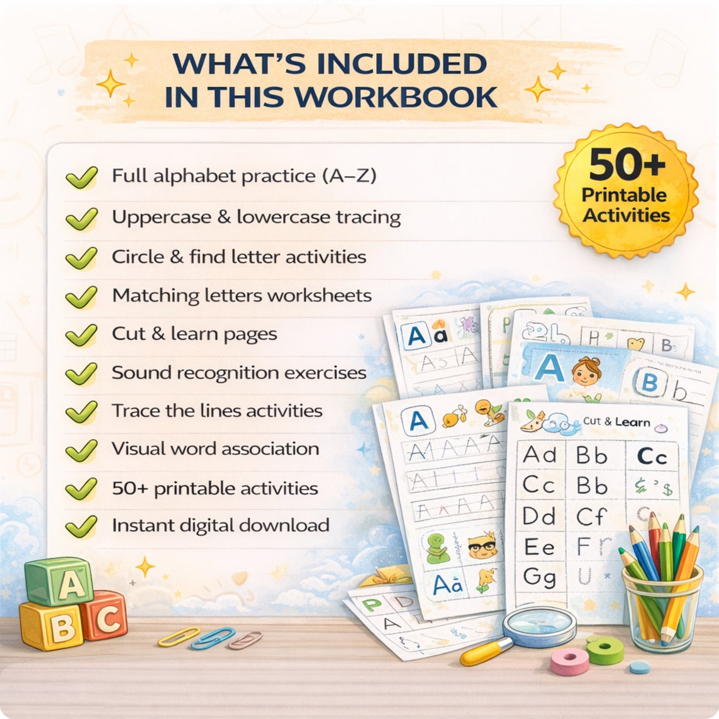 My First Alphabet Workbook for Kids (Ages 3–6) – 50+ Fun Learning Activities & Printable Worksheets