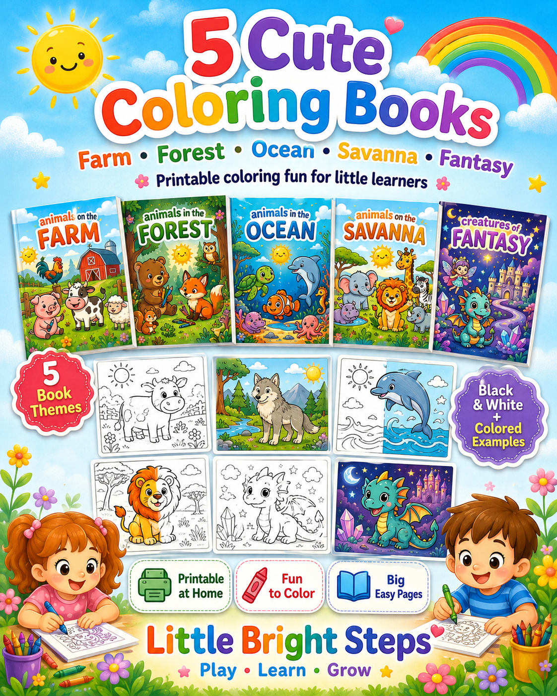 Five cute printable coloring books included in the Little Bright Steps bundle
