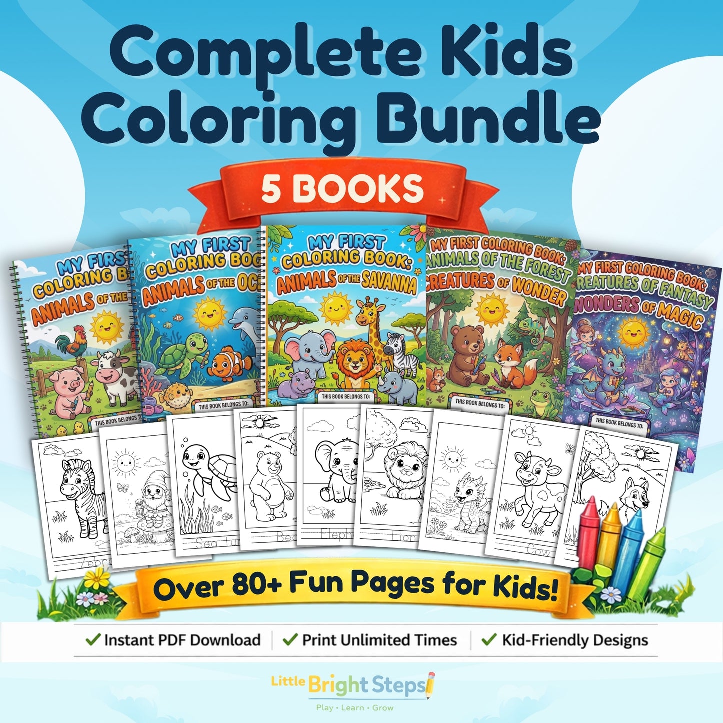 Ultimate Kids Coloring Bundle – 5 Fun Books (Ocean, Forest, Fantasy, Savanna & Farm) Ages 2-6