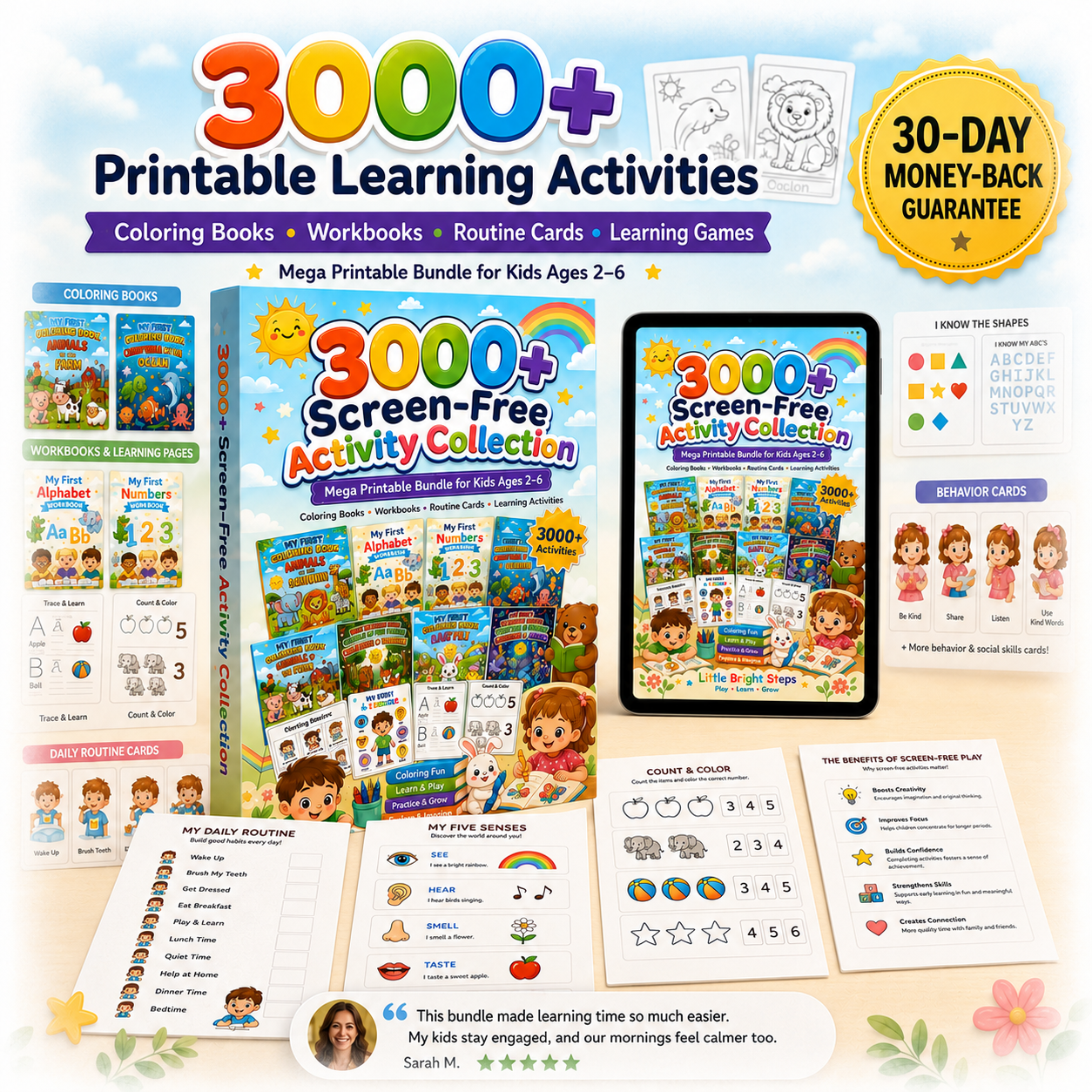 Little Bright Steps 3000+ printable learning activities bundle with worksheets, tablet preview, guarantee badge, and activity cards