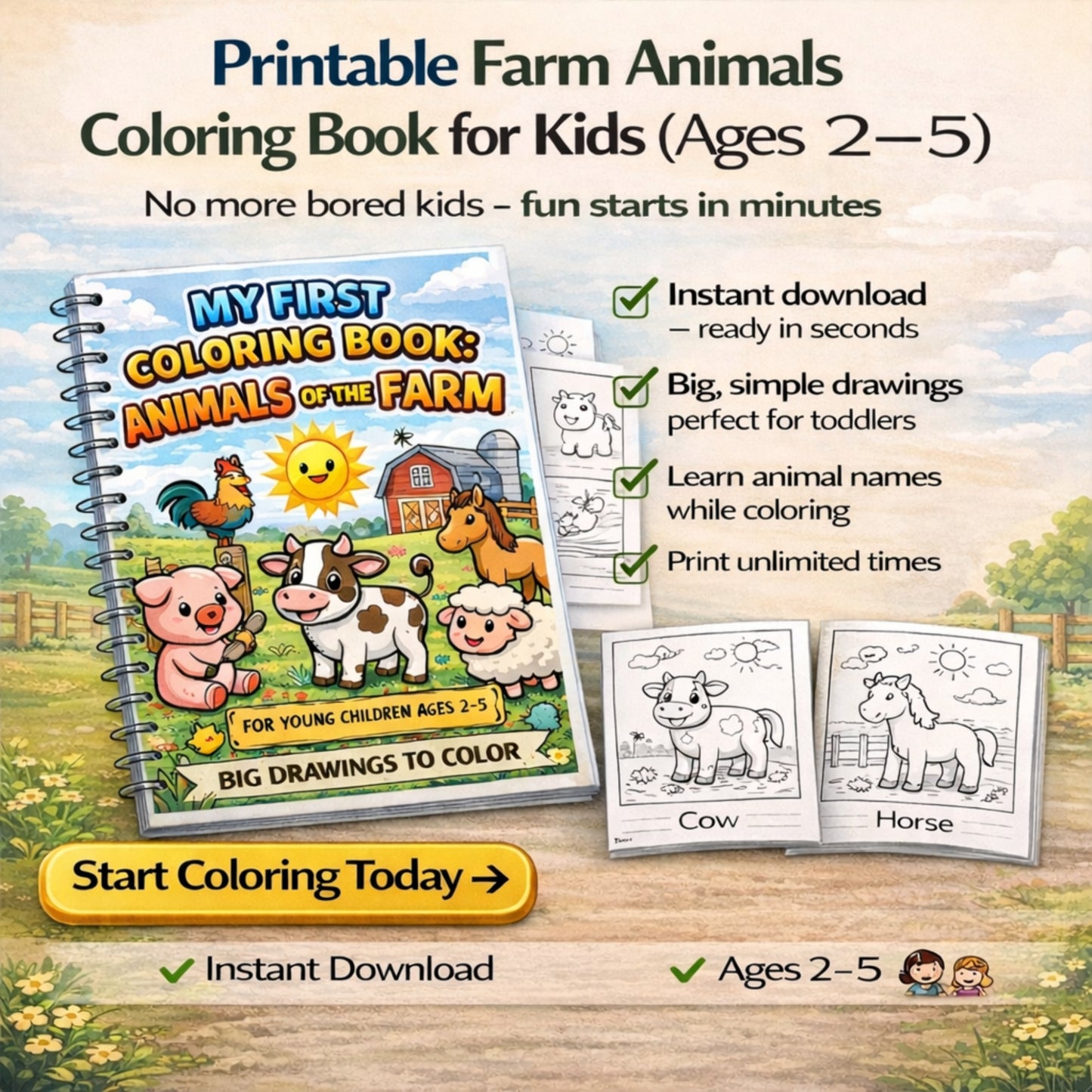 Farm Animals Coloring Book for Kids (Ages 2–5) – Printable PDF, Easy & Fun Learning Activity