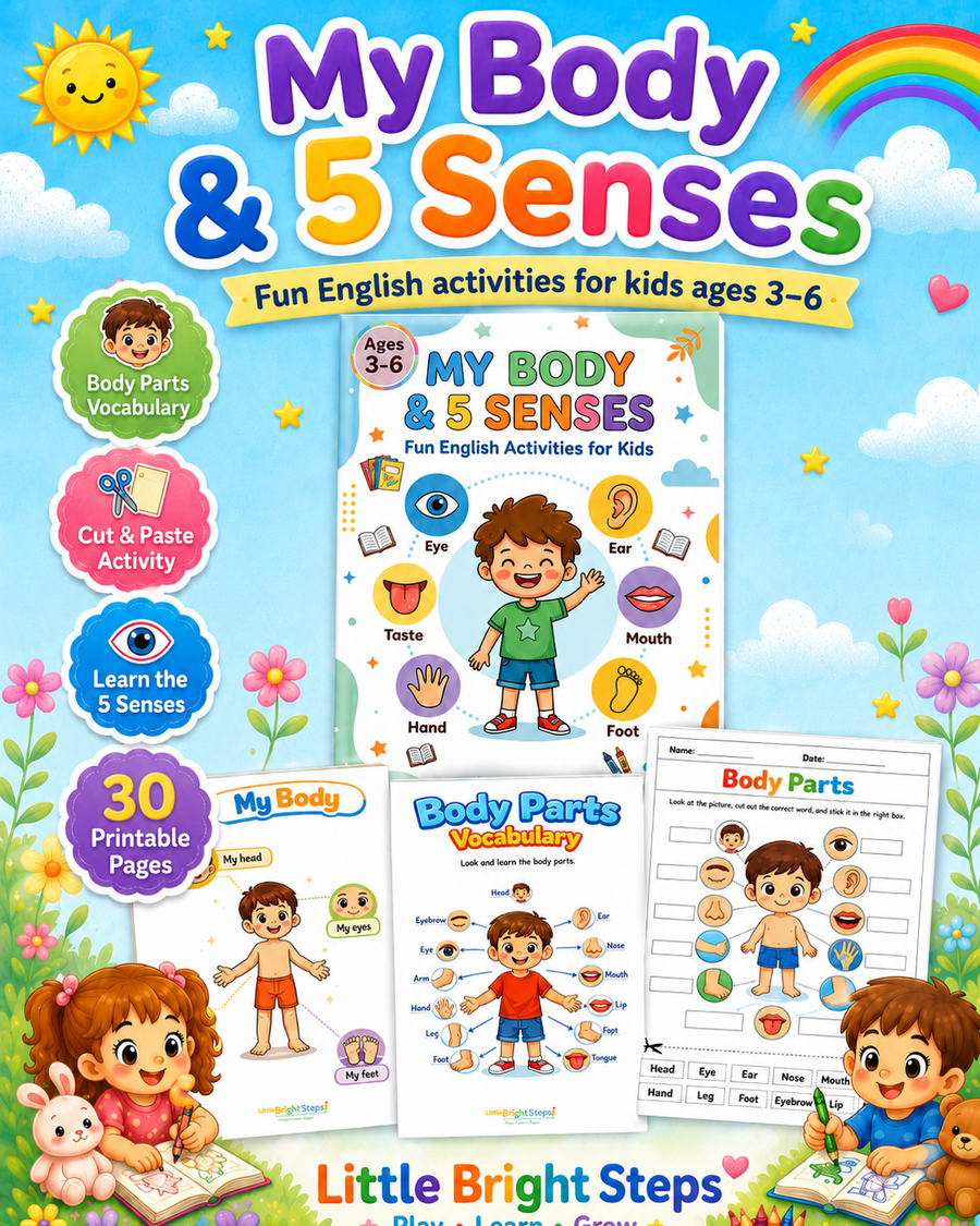 My Body and Five Senses printable English activities for kids ages three to six