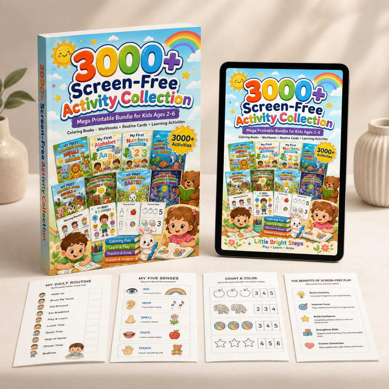 Little Bright Steps 3000+ printable learning activities bundle with worksheets, tablet preview, guarantee badge, and activity cards