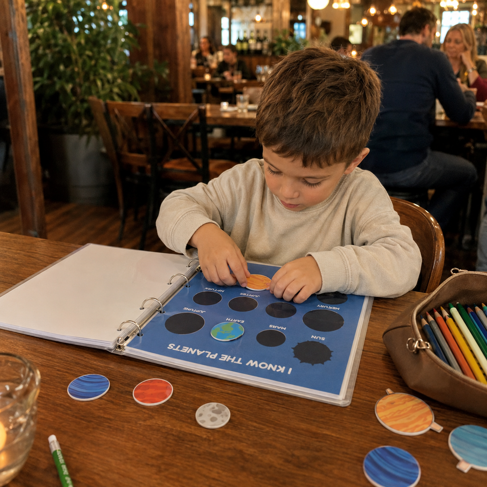 Boy playing with a printable planets activity binder in a cafe