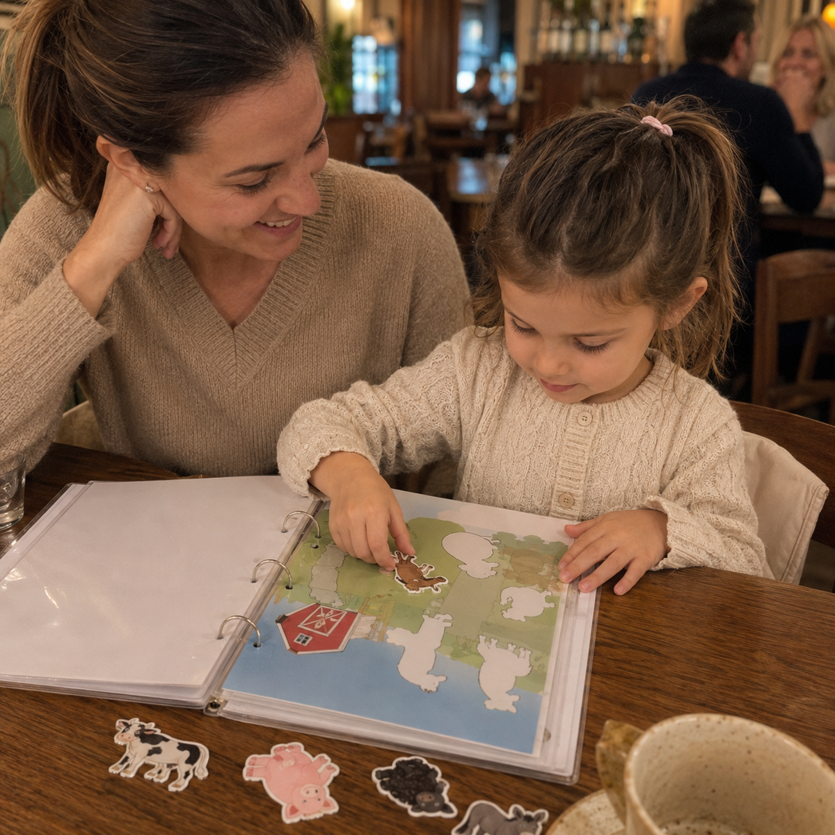 Mother smiling while her daughter plays with printable farm animal activities