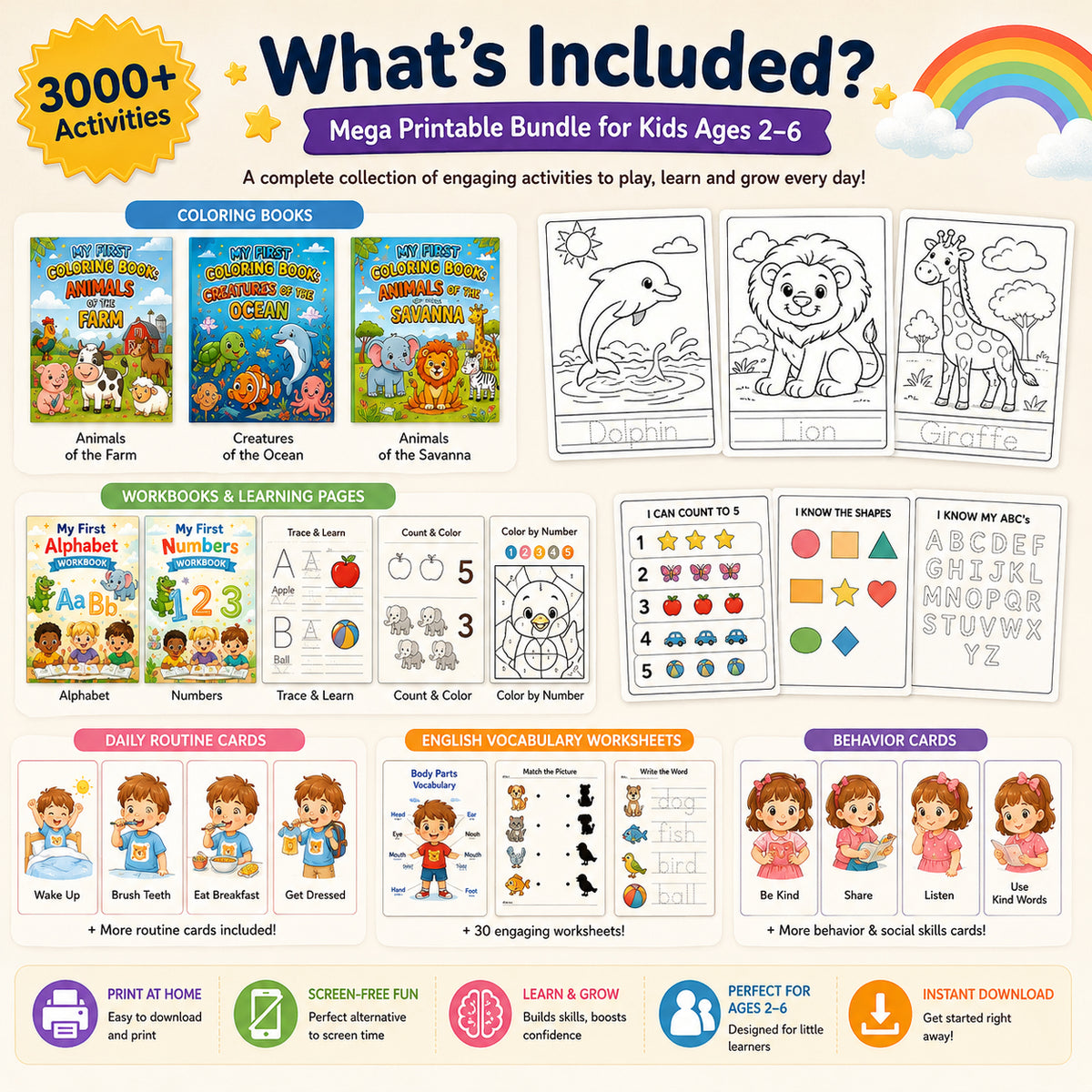 Five cute printable coloring books included in the Little Bright Steps bundle
